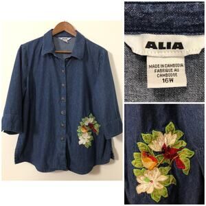 ALIA Denim‎ Shirt Embroidered Cardinals Floral 16W 1X 100% Cotton Cottagecore